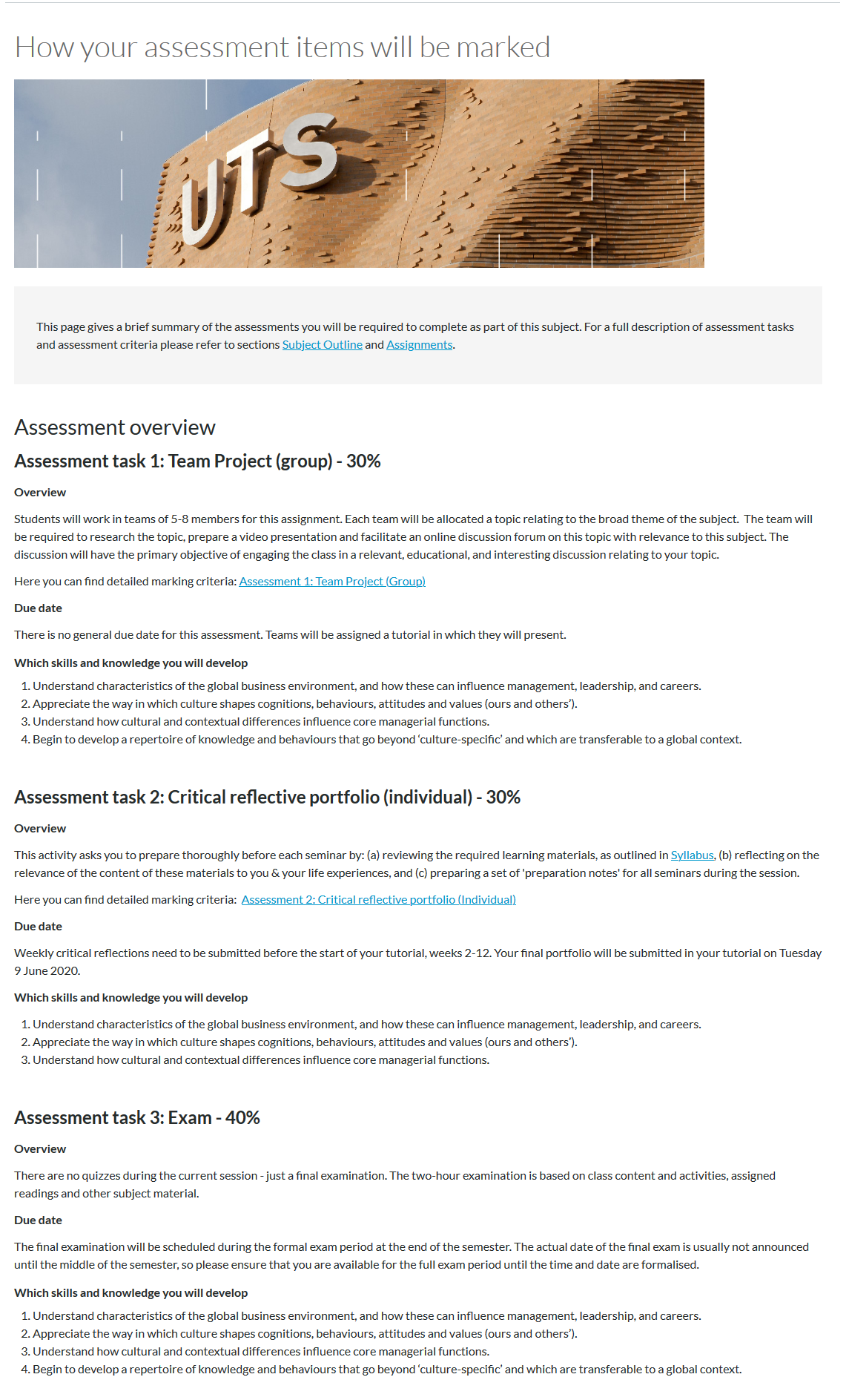 A Canvas page displaying an assessment overview of the subject. It breaks down the assessments, their due dates and the skills and knowledge developed from each task.