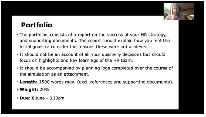 A slide in the video explaining a portfolio assessment the students will need to complete in the subject.