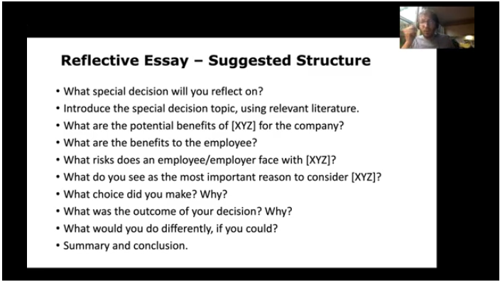 A slide in the video explaining a reflective essay assessment the students will need to complete in the subject.