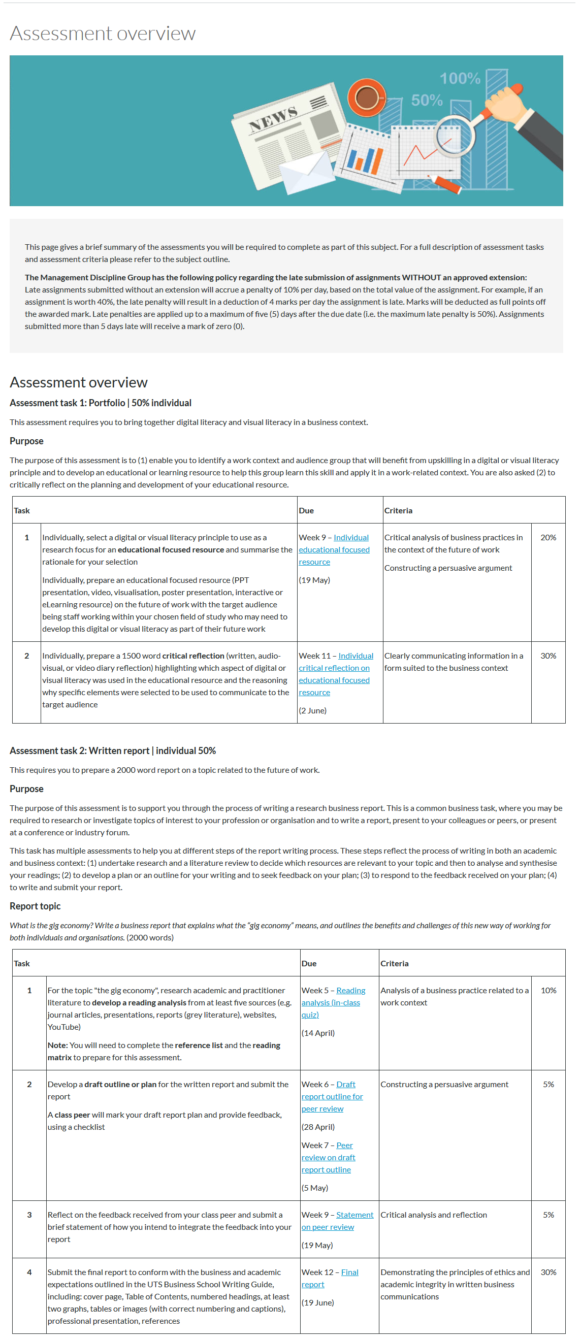 An assessment overview page, with each assessment sectioned with a heading. Each assessment section also includes a task table of what students need to complete for each assessment.