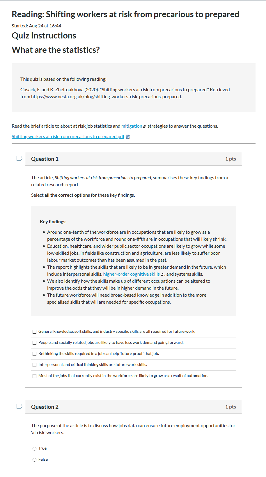 A Canvas page displaying a formative quiz to test the students' knowledge of the content so far.