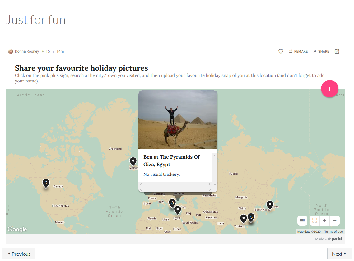 An embedded Padlet (interactive board) in a canvas page. The Padlet has a map on which a student has marked with an icon Giza in Egypt & uploaded a photo of themselves standing on a camel in front of a pyramid. 