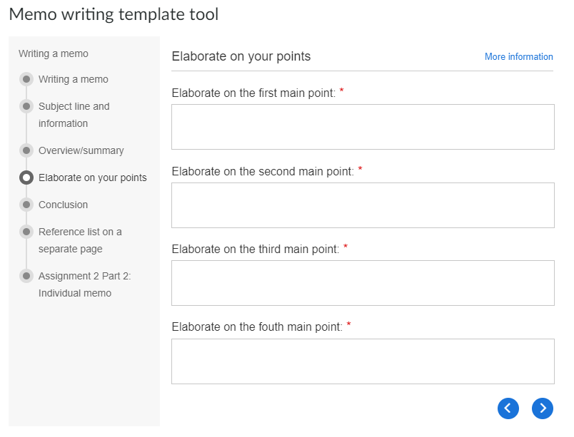 A close up of the fourth stage of the documentation tool with text input boxes prompting students to elaborate on their four main points.